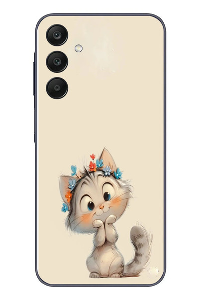 Le Balvo Samsung Galaxy A25 Uyumlu Sevimli Çiçekli Kedi Baskılı Silikon Kılıf
