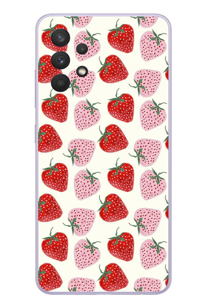 Le Balvo Samsung Galaxy A32 Uyumlu Kırmızı Pembe Çilekler Baskılı Silikon Kılıf