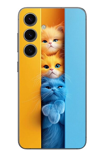 Le Balvo Samsung Galaxy S24 Uyumlu Mavi Sarı Kediler Baskılı Silikon Kılıf