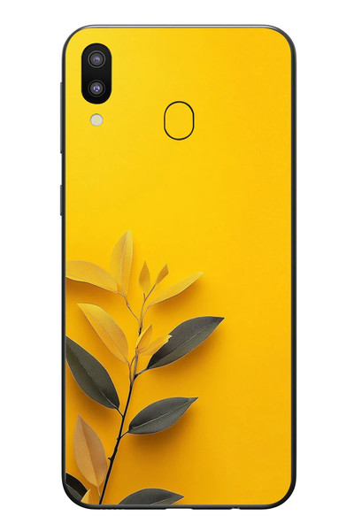 Le Balvo Samsung Galaxy M20 Uyumlu Sarı Siyah Çiçekler Baskılı Silikon Kılıf