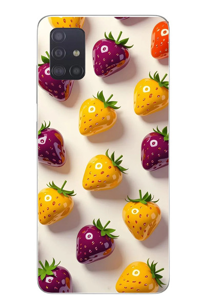 Le Balvo Samsung Galaxy A51 Uyumlu Sarı Kırmızı Çilekler Baskılı Silikon Kılıf