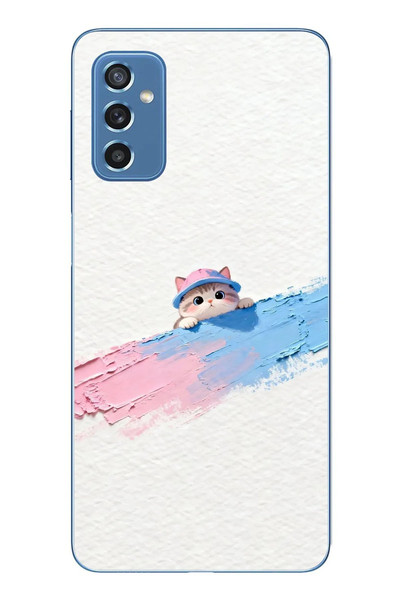 Le Balvo Samsung Galaxy M52 Uyumlu Pembe Mavi Kedi Baskılı Silikon Kılıf
