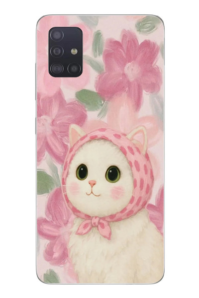Le Balvo Samsung Galaxy A51 Uyumlu Pembe Örtülü Kedi Baskılı Silikon Kılıf