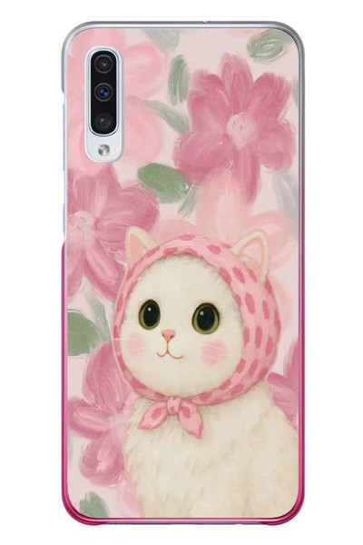 Le Balvo Samsung Galaxy A50 Uyumlu Pembe Örtülü Kedi Baskılı Silikon Kılıf