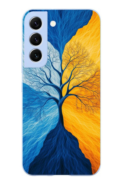 Le Balvo Samsung Galaxy S22 Uyumlu Sarı Mavi Ağaç Baskılı Silikon Kılıf
