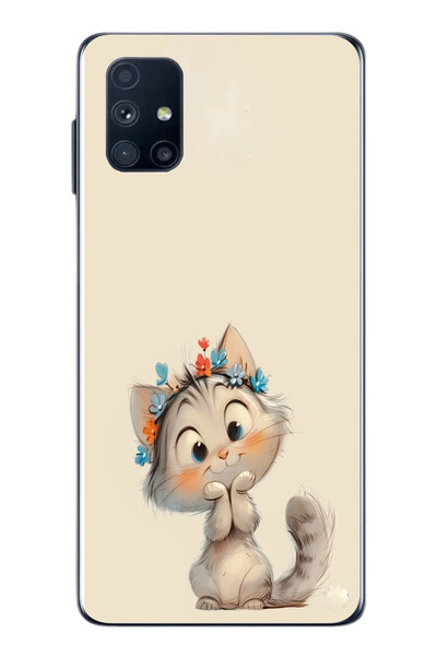 Le Balvo Samsung Galaxy M51 Uyumlu Sevimli Çiçekli Kedi Baskılı Silikon Kılıf
