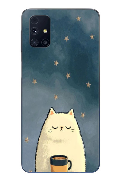 Le Balvo Samsung Galaxy M31s Uyumlu Kahveci Beyaz Kedir Baskılı Silikon Kılıf