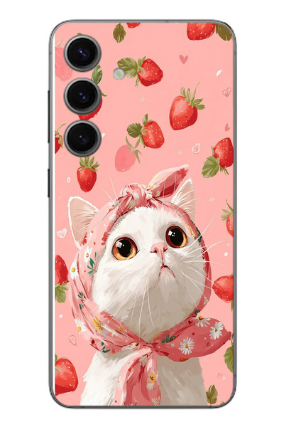 Le Balvo Samsung Galaxy S24 Uyumlu Örtülü Kedi Çilekli Baskılı Silikon Kılıf