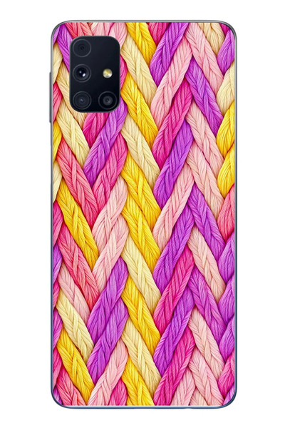 Le Balvo Samsung Galaxy M31s Uyumlu Mor Sarı Örgü Baskılı Silikon Kılıf