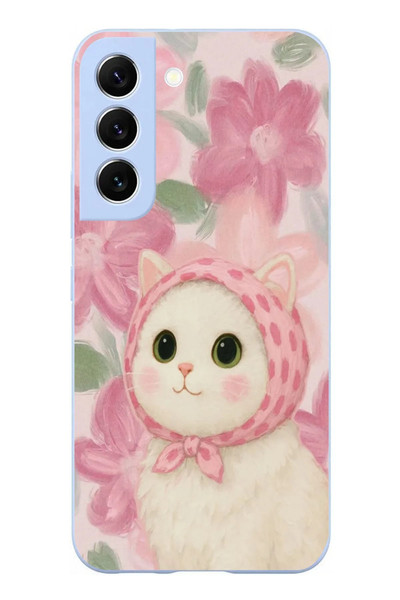Le Balvo Samsung Galaxy S22 Uyumlu Pembe Örtülü Kedi Baskılı Silikon Kılıf