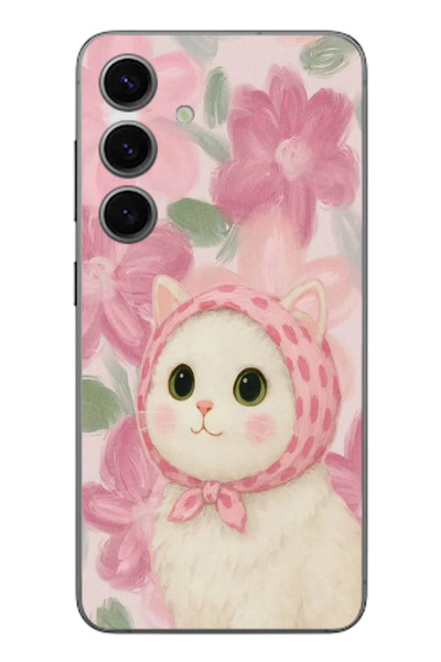 Le Balvo Samsung Galaxy S24 Uyumlu Pembe Örtülü Kedi Baskılı Silikon Kılıf