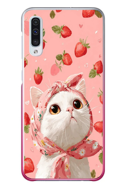 Le Balvo Samsung Galaxy A50 Uyumlu Örtülü Kedi Çilekli Baskılı Silikon Kılıf