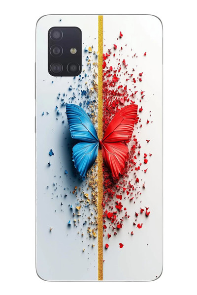 Le Balvo Samsung Galaxy A51 Uyumlu Kırmızı Mavi Kelebek Baskılı Silikon Kılıf
