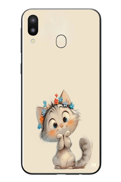 Le Balvo Samsung Galaxy M20 Uyumlu Sevimli Çiçekli Kedi Baskılı Silikon Kılıf