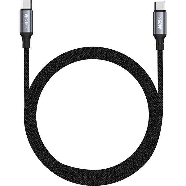 S-Link Armor CC-01 60W Type-C To Type-C Pd Örgülü Metal Başlıklı Hızlı Şarj Kablosu Siyah 1.2 M