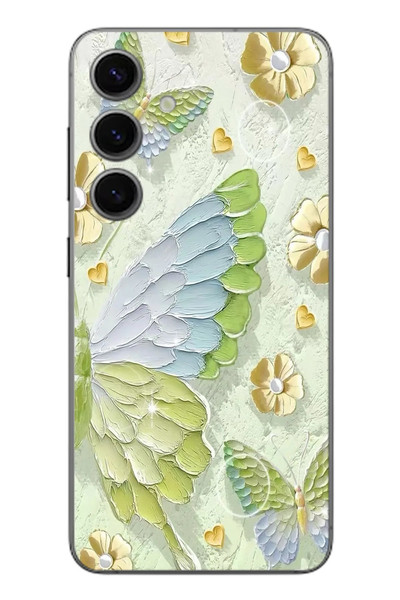 Le Balvo Samsung Galaxy S24 Uyumlu Yeşil Mavi Kelebek Baskılı Silikon Kılıf