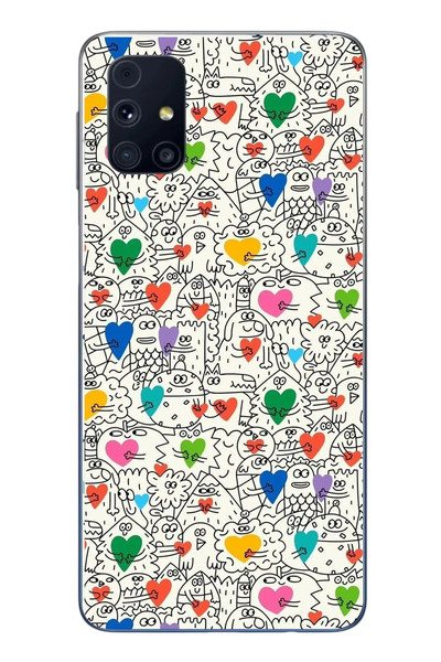 Le Balvo Samsung Galaxy M31s Uyumlu Kalp Çizgileri Karışık Baskılı Silikon Kılıf