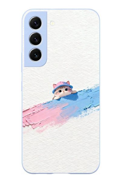 Le Balvo Samsung Galaxy S22 Uyumlu Pembe Mavi Kedi Baskılı Silikon Kılıf