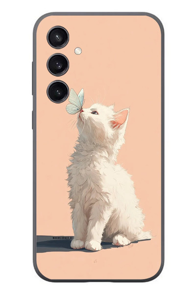 Le Balvo Samsung Galaxy S23 Uyumlu Beyaz Kelebekli Kedi Baskılı Silikon Kılıf