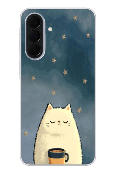 Le Balvo Samsung Galaxy A37 Uyumlu Kahveci Beyaz Kedir Baskılı Silikon Kılıf