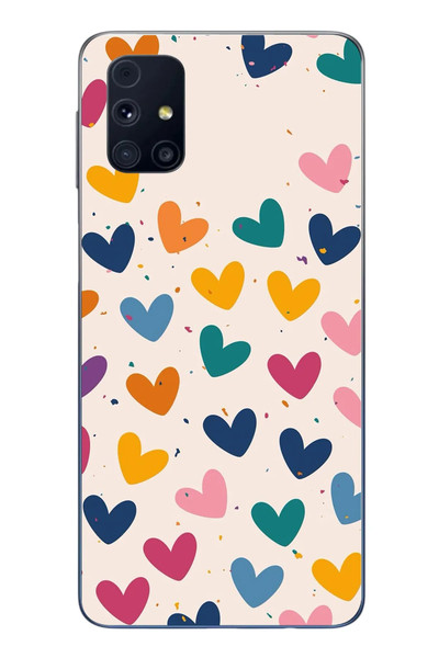 Le Balvo Samsung Galaxy M31s Uyumlu Mavi Sarı Kalpler Baskılı Silikon Kılıf