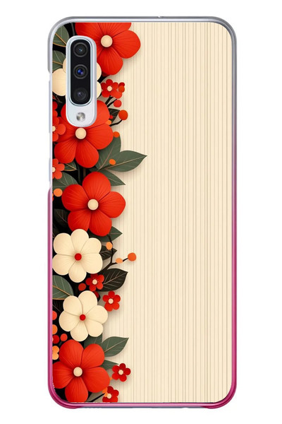 Le Balvo Samsung Galaxy A50 Uyumlu Kırmızı Beyaz Çiçekler Baskılı Silikon Kılıf