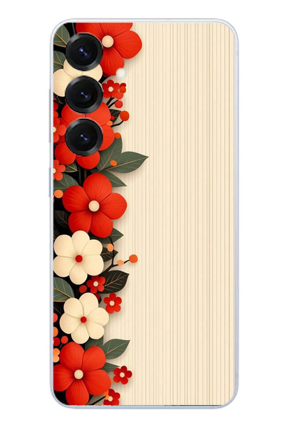 Le Balvo Samsung Galaxy S25 Uyumlu Kırmızı Beyaz Çiçekler Baskılı Silikon Kılıf
