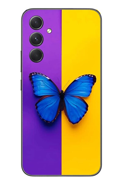 Le Balvo Samsung Galaxy A54 Uyumlu Mor Sarı Kelebek Baskılı Silikon Kılıf