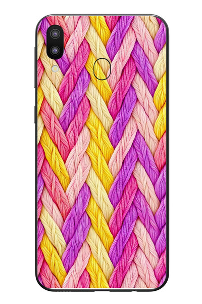 Le Balvo Samsung Galaxy M20 Uyumlu Mor Sarı Örgü Baskılı Silikon Kılıf