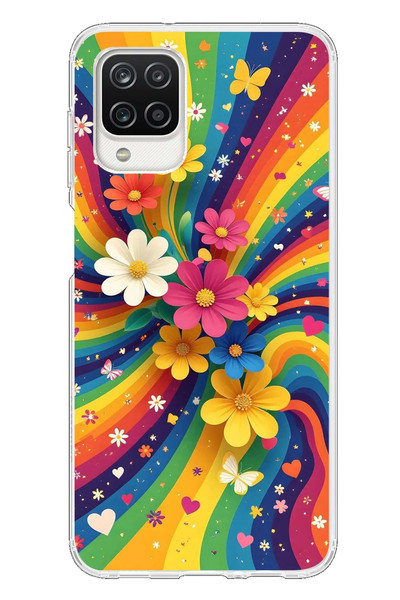 Le Balvo Samsung Galaxy A12 Uyumlu Renkli Gökkuşağı Çiçekleri Baskılı Silikon Kılıf