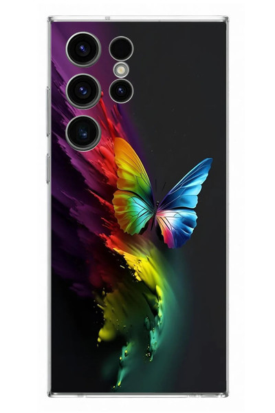 Le Balvo Samsung Galaxy S23 Ultra Uyumlu Gökkuşağı Kelebeği Baskılı Silikon Kılıf