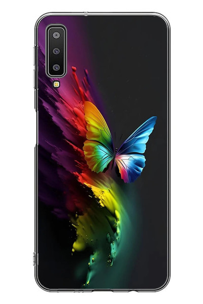 Le Balvo Samsung Galaxy A7 2018 Uyumlu Gökkuşağı Kelebeği Baskılı Silikon Kılıf