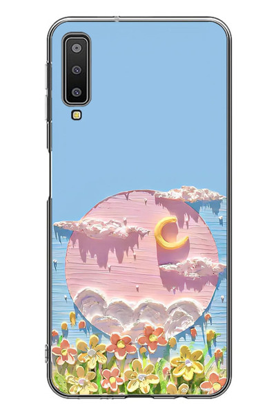 Le Balvo Samsung Galaxy A7 2018 Uyumlu Çiçekli Ay Baskılı Silikon Kılıf