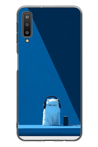 Le Balvo Samsung Galaxy A7 2018 Uyumlu Kulaklı Kedi Baskılı Silikon Kılıf