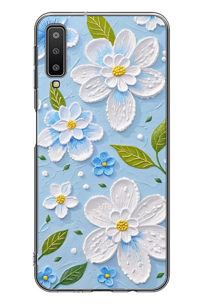 Le Balvo Samsung Galaxy A7 2018 Uyumlu Mavi Papatyalar Baskılı Silikon Kılıf