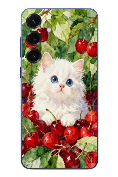 Le Balvo Samsung Galaxy S25 Plus Uyumlu Kirazlı Kedi Baskılı Silikon Kılıf