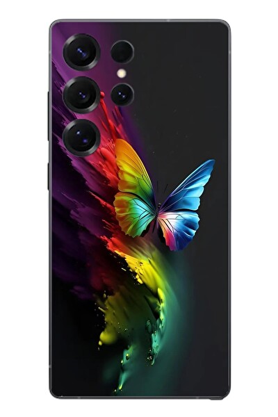 Le Balvo Samsung Galaxy S25 Ultra Uyumlu Gökkuşağı Kelebeği Baskılı Silikon Kılıf