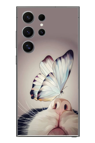 Le Balvo Samsung Galaxy S24 Ultra Uyumlu Kelebekli Kedi Baskılı Silikon Kılıf