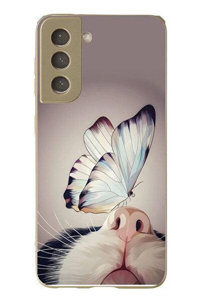 Le Balvo Samsung Galaxy S21 FE Uyumlu Kelebekli Kedi Baskılı Silikon Kılıf