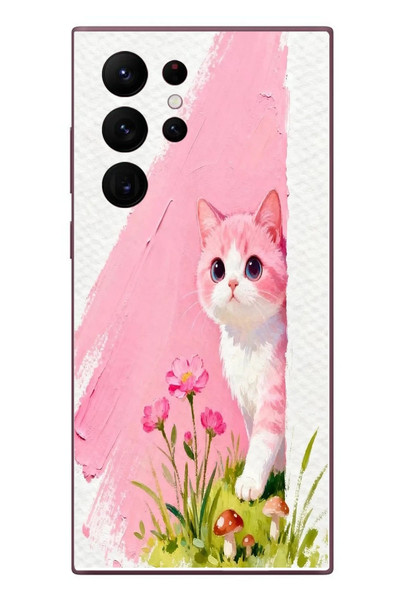 Le Balvo Samsung Galaxy S22 Ultra Uyumlu Pembeli Kedi Baskılı Silikon Kılıf