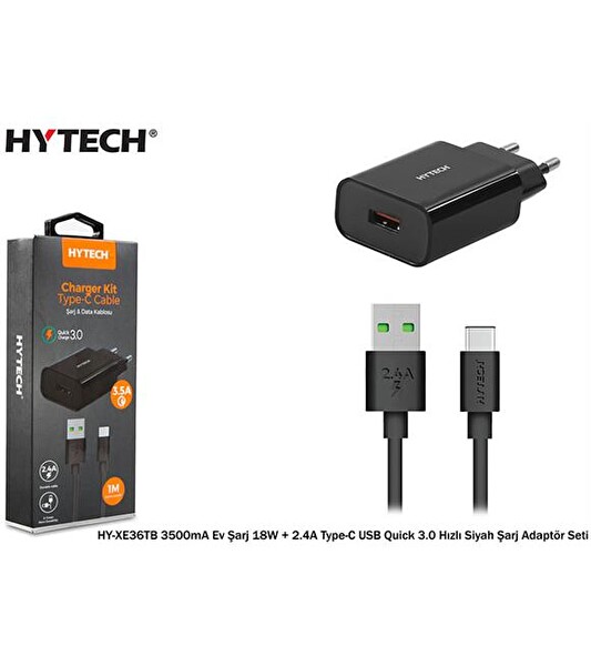 Hytech HY-XE36TB Type-C EV Şarjlı 18W - 2.4A Hızlı Şarj Adaptör Seti Siyah