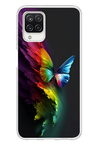 Le Balvo Samsung Galaxy A12 Uyumlu Gökkuşağı Kelebeği Baskılı Silikon Kılıf