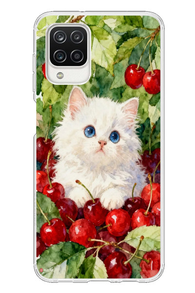 Le Balvo Samsung Galaxy A12 Uyumlu Kirazlı Kedi Baskılı Silikon Kılıf