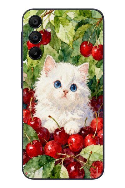 Le Balvo Samsung Galaxy A15 Uyumlu Kirazlı Kedi Baskılı Silikon Kılıf