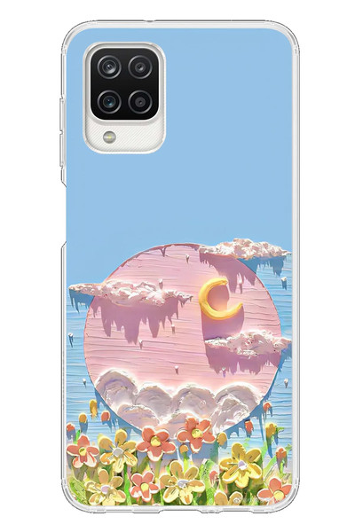 Le Balvo Samsung Galaxy A12 Uyumlu Çiçekli Ay Baskılı Silikon Kılıf