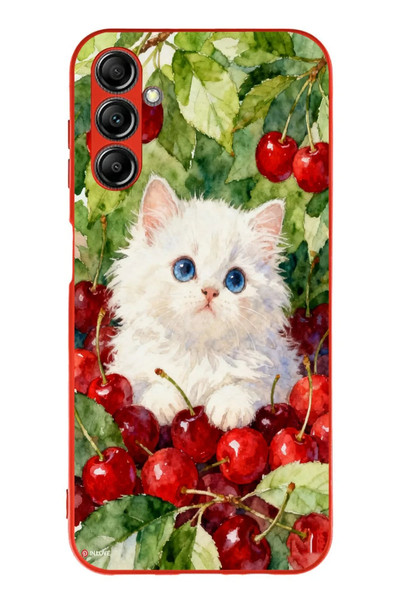 Le Balvo Samsung Galaxy A14 Uyumlu Kirazlı Kedi Baskılı Silikon Kılıf