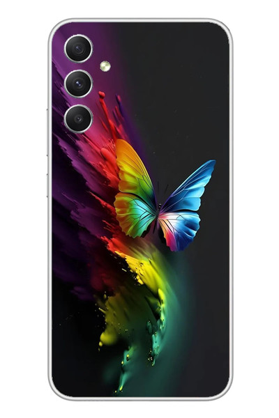 Le Balvo Samsung Galaxy A34 Uyumlu Gökkuşağı Kelebeği Baskılı Silikon Kılıf