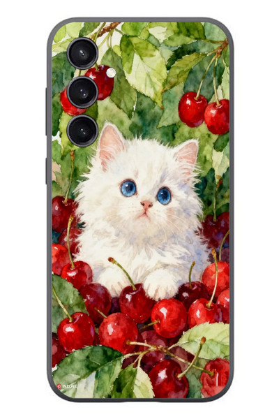 Le Balvo Samsung Galaxy S23 Uyumlu Kirazlı Kedi Baskılı Silikon Kılıf