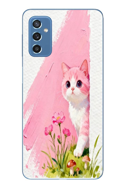 Le Balvo Samsung Galaxy M52 Uyumlu Pembeli Kedi Baskılı Silikon Kılıf