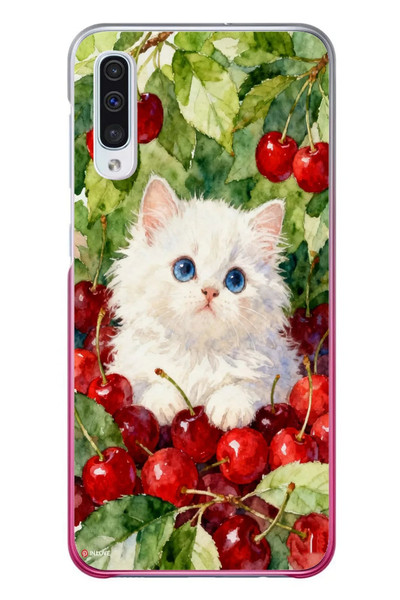 Le Balvo Samsung Galaxy A50 Uyumlu Kirazlı Kedi Baskılı Silikon Kılıf